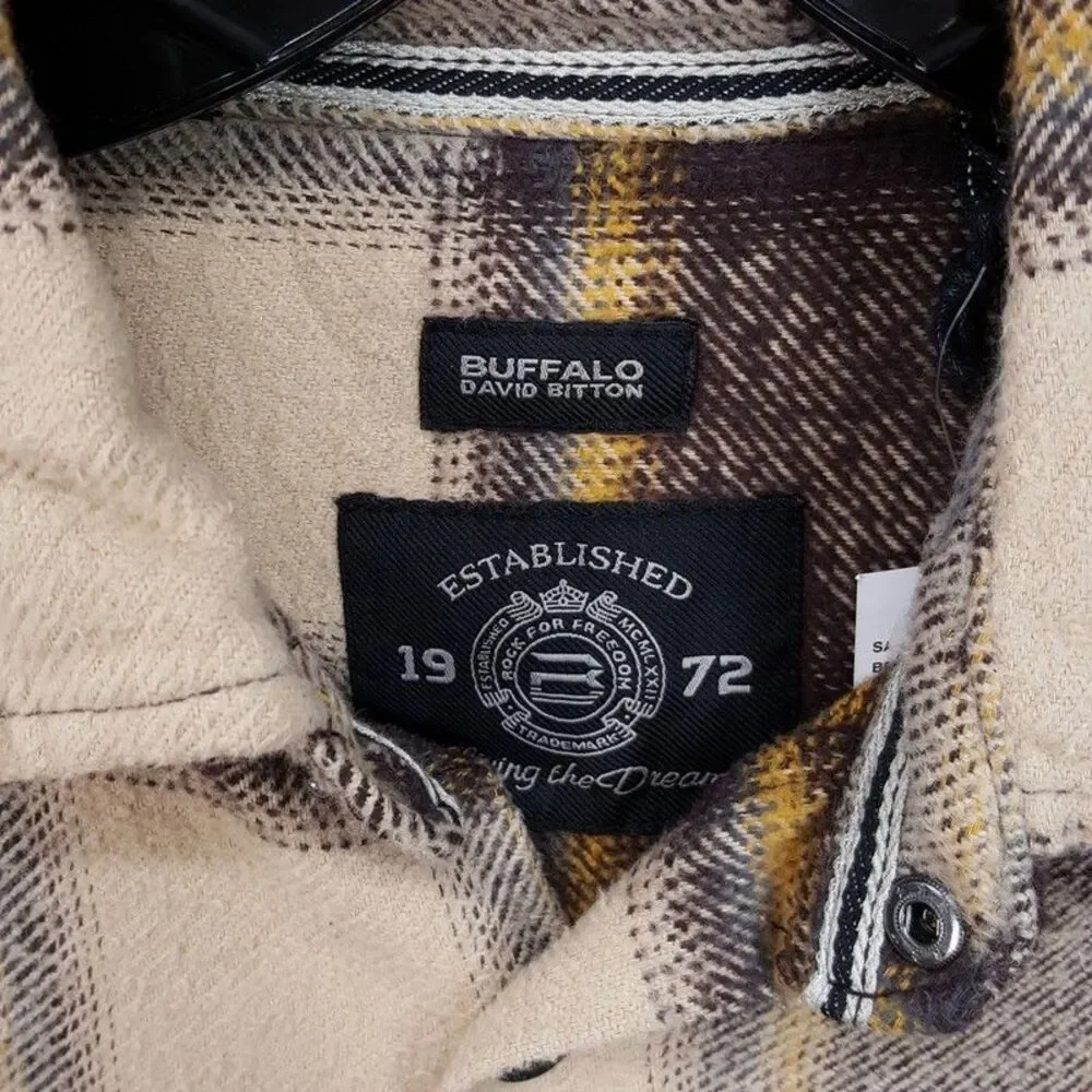 BUFFALO DAVID BITTON Flannel Shirt Jacket Mens Small Brown Plaid Double Pocket